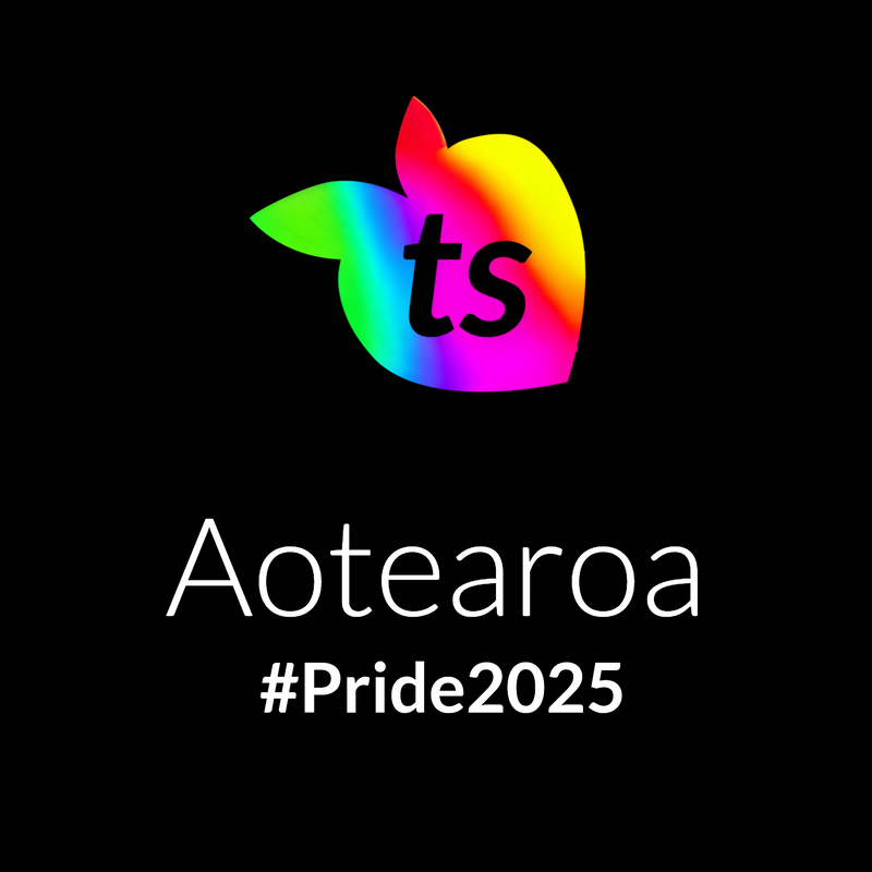 Rainbow gradient fruit logo withts and hashtag #pride2025 on black background.