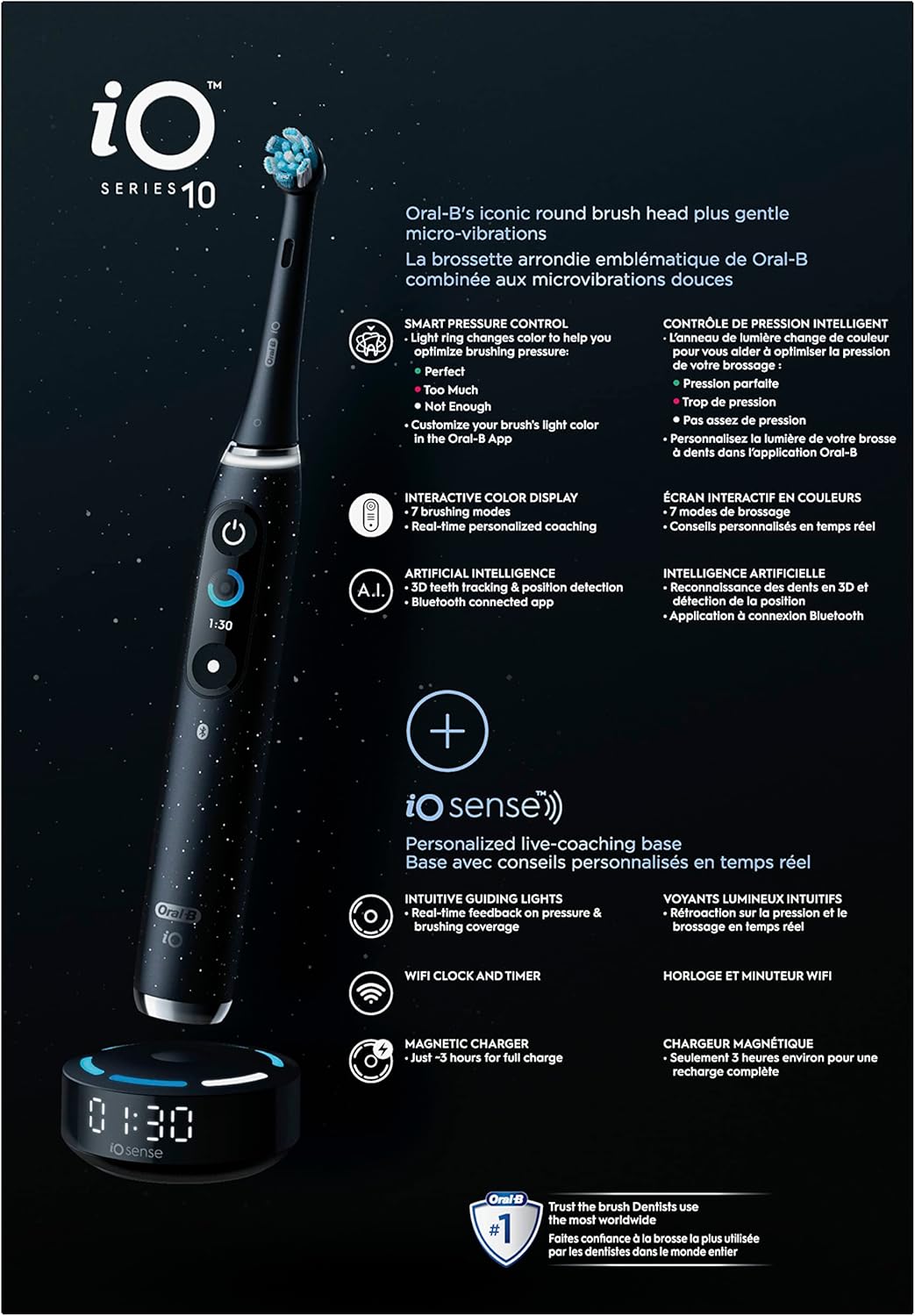 Oral-B • iO Series 10 • Rechargeable Electric Toothbrush with Visible Pressure Sensor to Protect Gums • 2 Min Timer • 2 Colors • 7 Cleaning Settings • 4 Replacement Toothbrush Heads • Charging Travel •