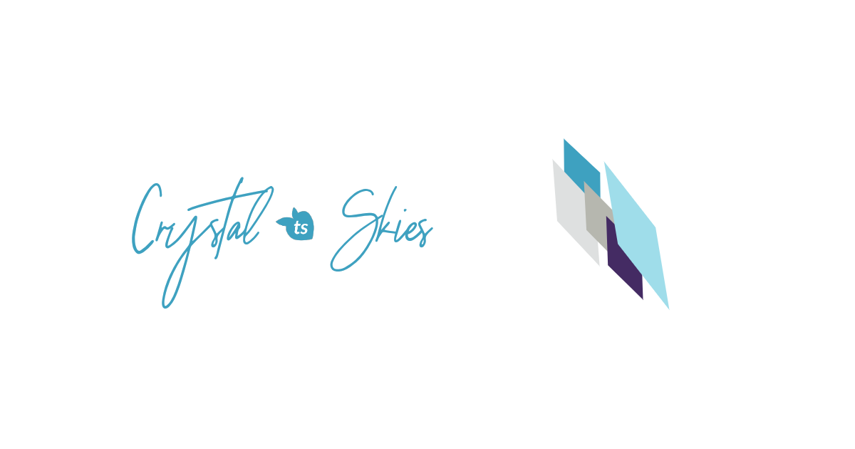 Logo with 'Crystal Skies' text and abstract geometric design on a white background