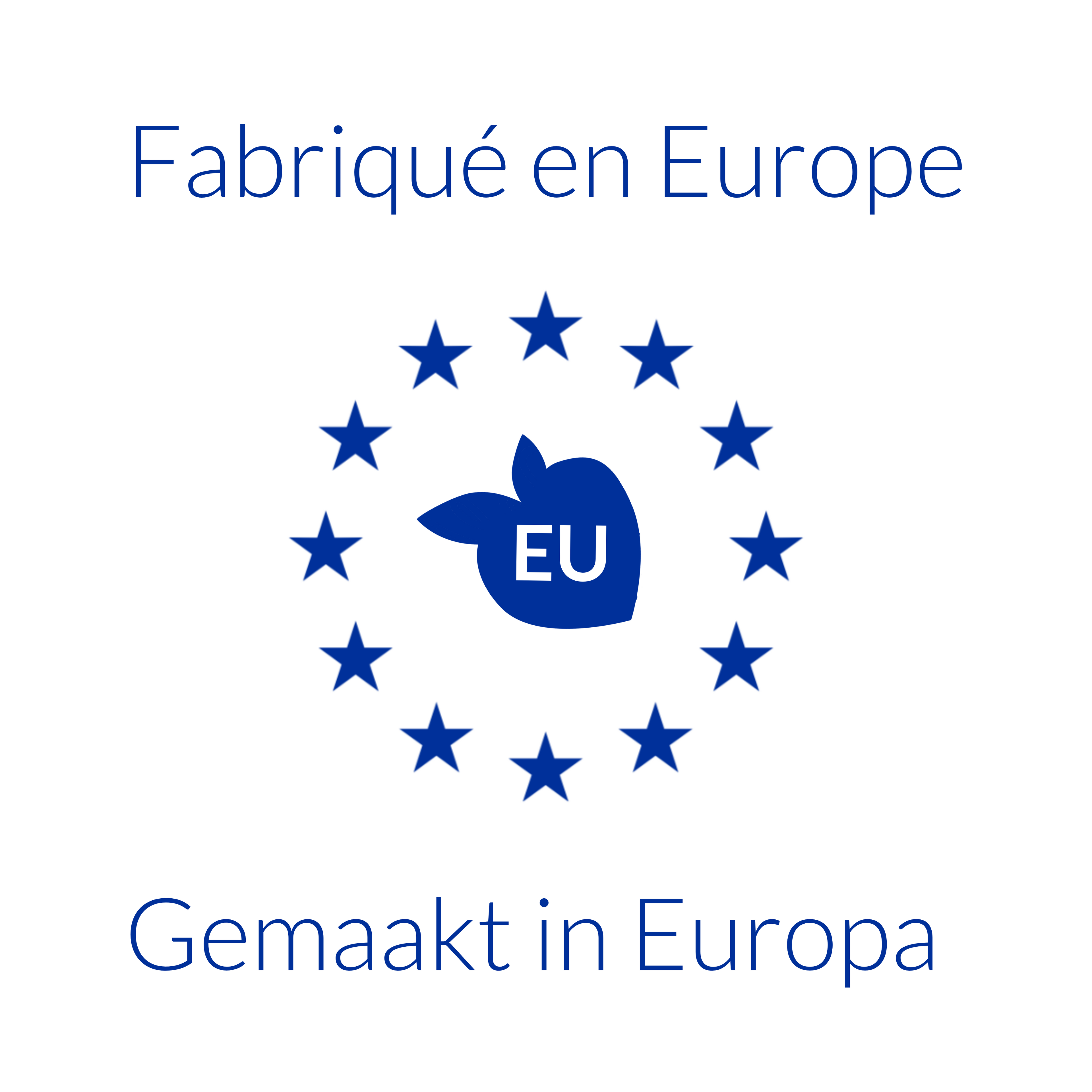 Logo with blue stars and EU emblem on a white background, featuring text 'Fabriqué en Europe' and 'Gemaakt in Europa'.