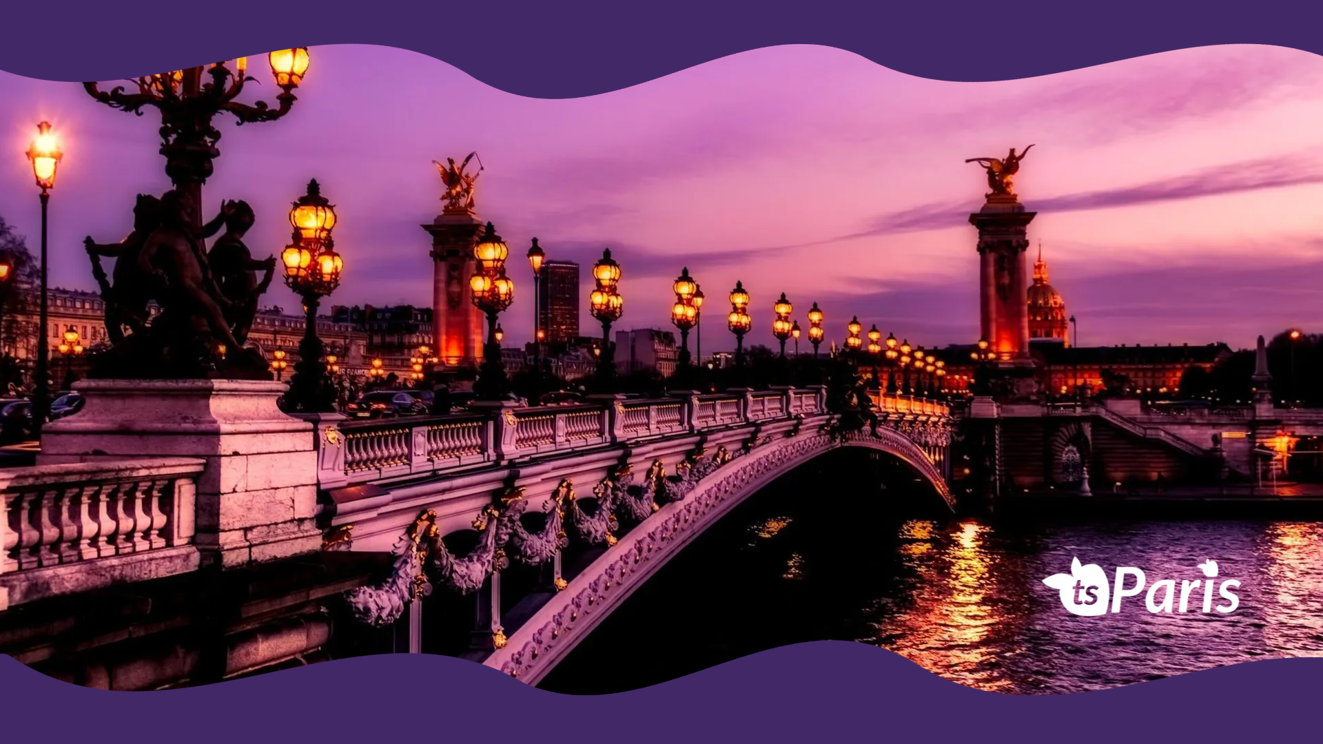 Bridge with decorative lights and statues at dusk, Paris logo by tsgabrielle
