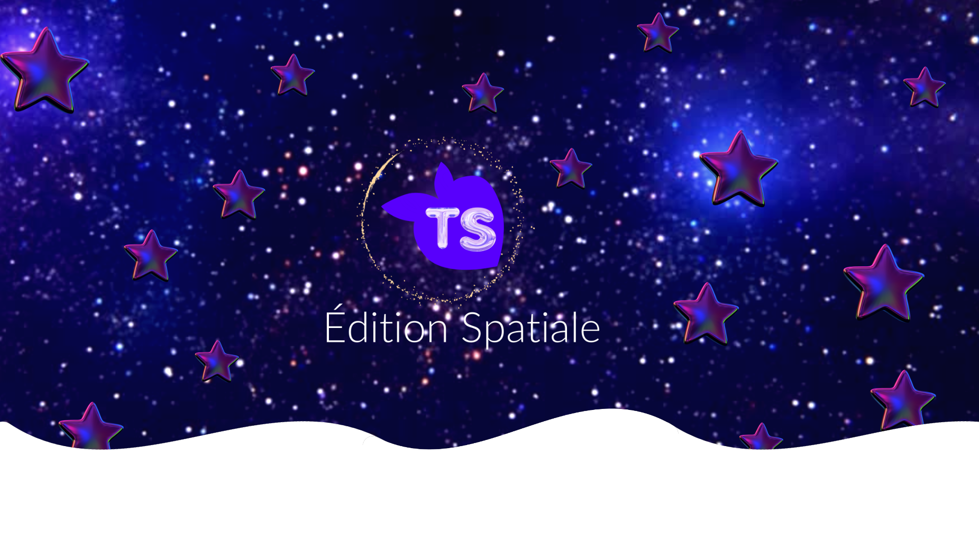 Space-themed logo with stars and 'TS' branding on a dark blue background