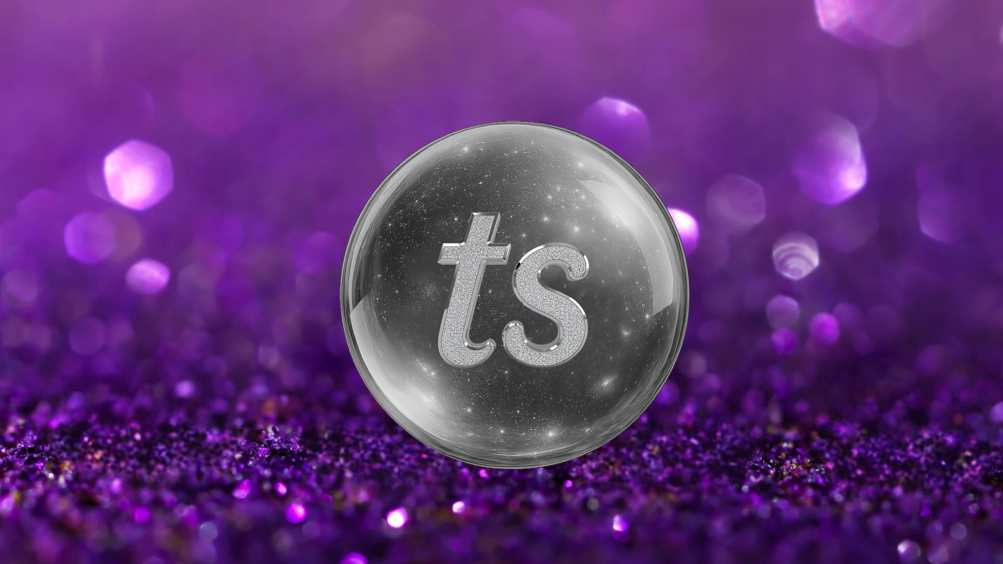Crystal ball with 'ts' symbol on a purple glittery background