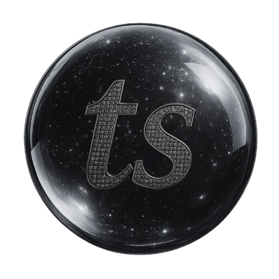 Black circular object with 'ts' logo on a white background