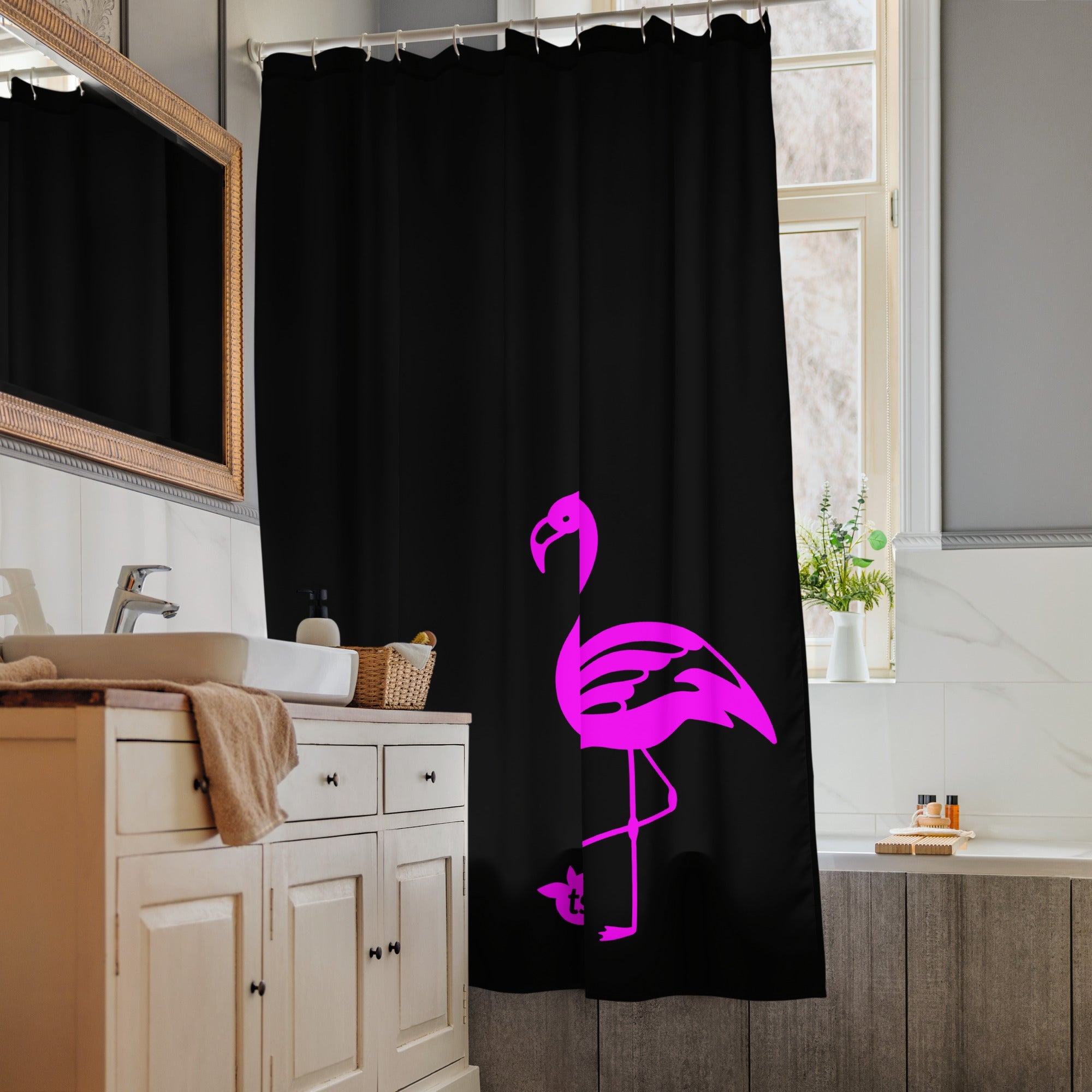 tsgabrielle® • Flamant Rose • Rideau de douche • Noir • 180 x 188 cm