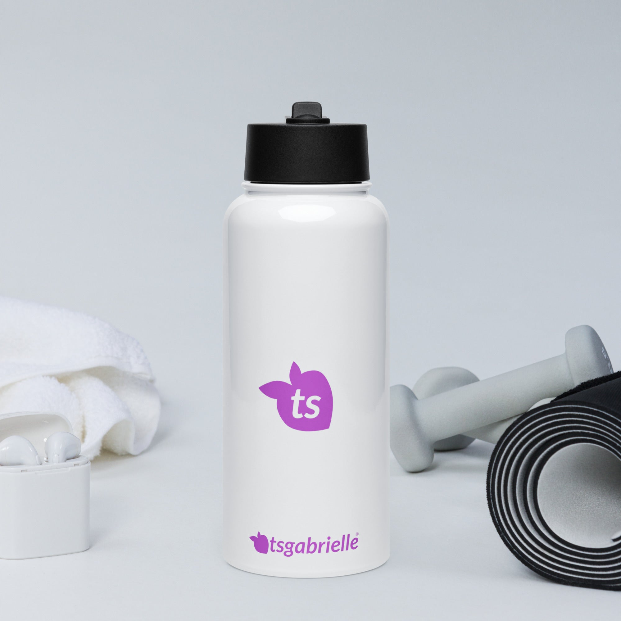 tsgabrielle® • Bouteille d'eau avec couvercle à paille • Blanc • Acier inoxydable • 32 oz