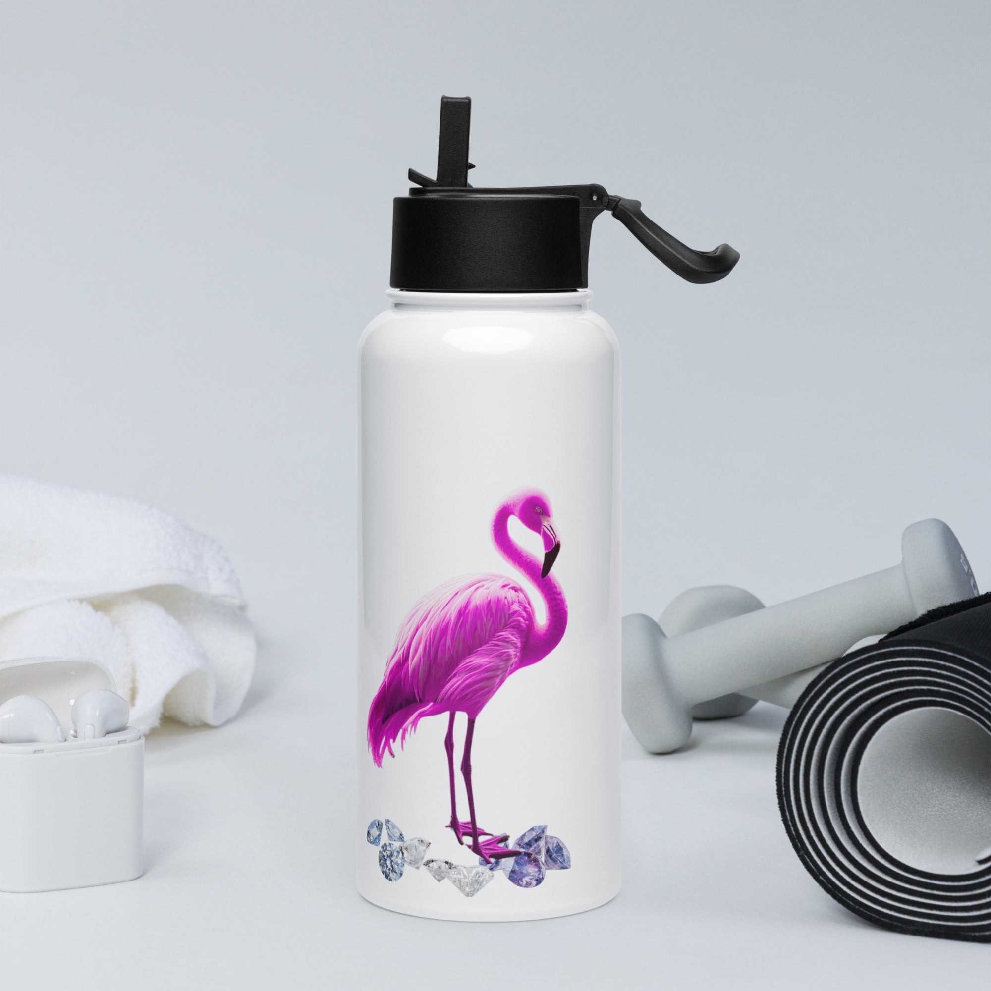 tsgabrielle® • Flamant 🦩 Rose • Water Bottle with Straw Lid • Stainless Steel • White • 32 oz •