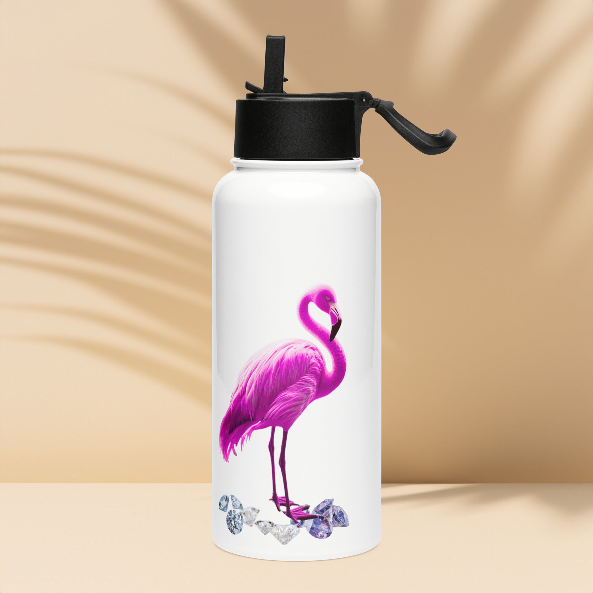 tsgabrielle® • Flamant 🦩 Rose • Water Bottle with Straw Lid • Stainless Steel • White • 32 oz •