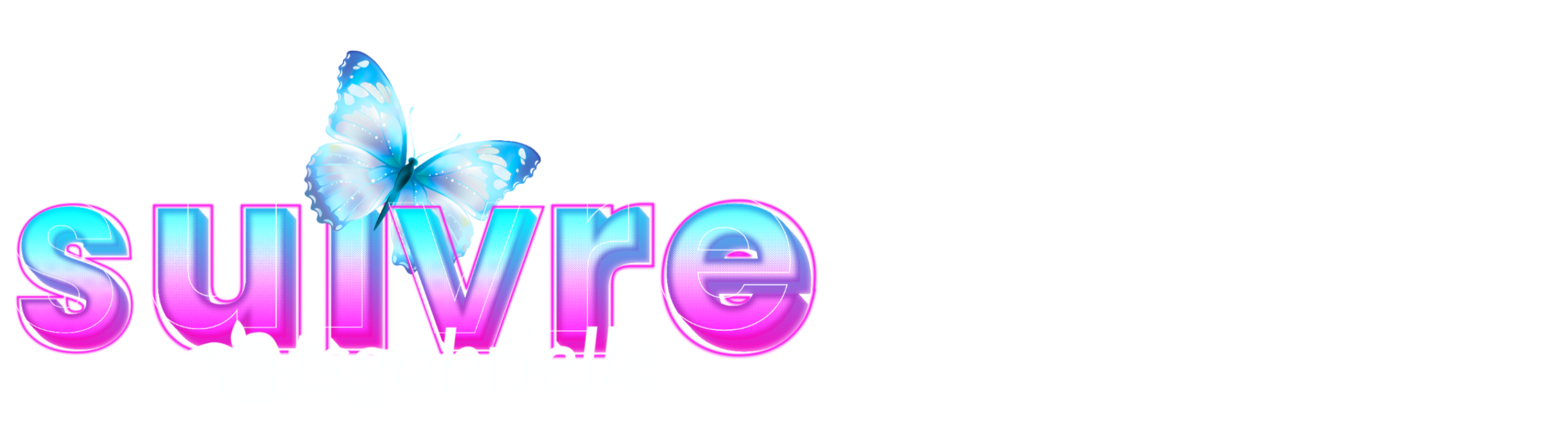 The word 'suivre' with colorful butterfly graphics on a white background