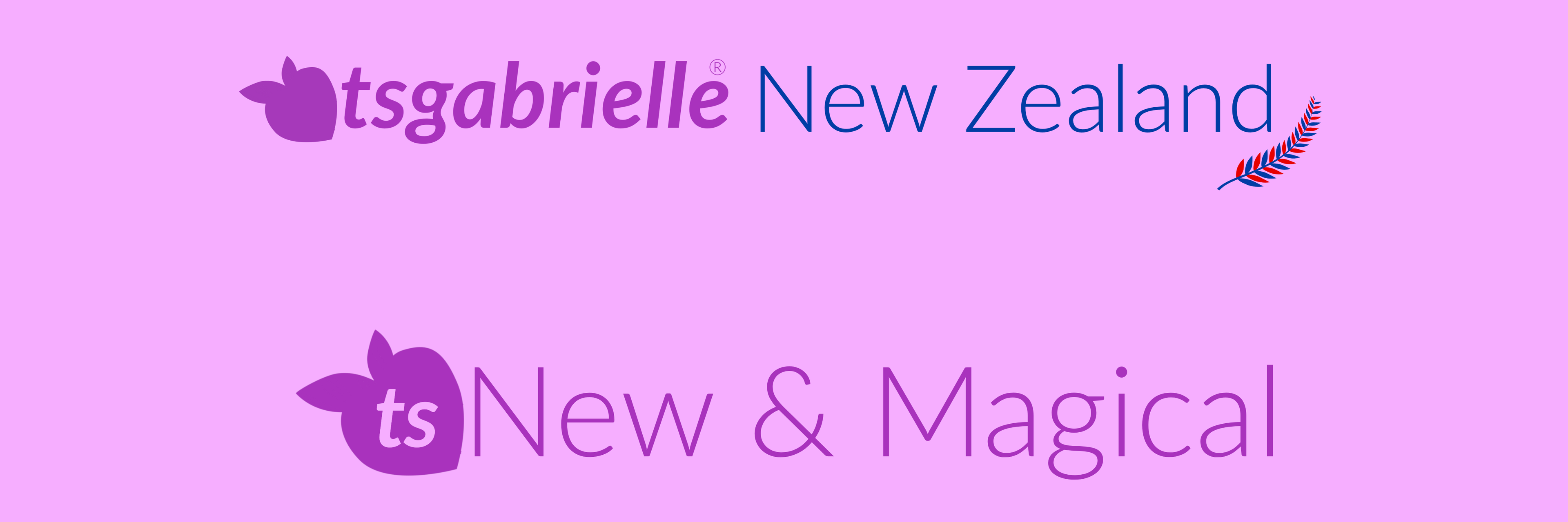 Two brand logos on a pink background with text 'tsgabrielle New Zealand' and 'ts New & Magical'.